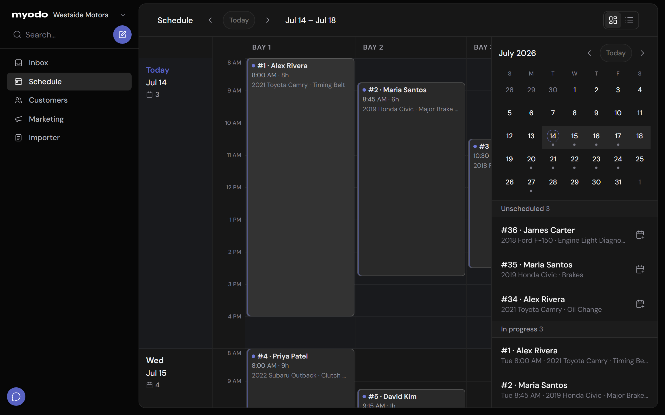 myodo schedule view showing the week's appointments booked through online scheduling